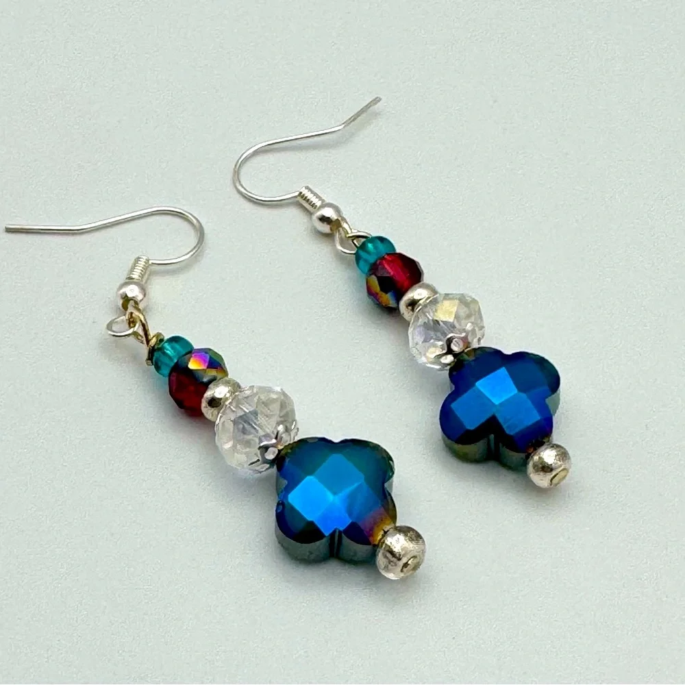 Artisan Made Multicolor Crystal Clover Dangle Earrings and Silver Plated Hooks